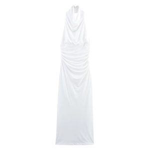 Elegant white halter neck long dress with side ruching and satin finish fabric