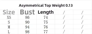 Size chart for women irregular tie-up top showing measurements from XS to L