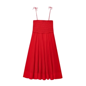 Elegant red midi cotton dress with smocked bodice and thin spaghetti straps for women