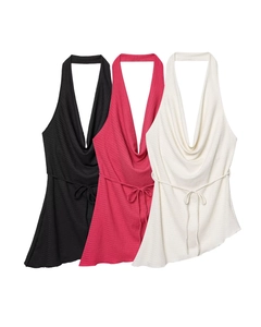 Detail view of cowl neck halter tops with waffle texture and adjustable drawstring ties