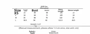 Detailed size chart for the French style slit green dress with fabric and measurement specs
