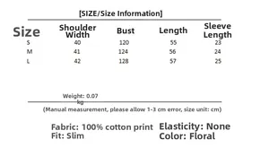 Detailed size chart for floral print cotton top with measurements in centimeters