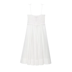 White cotton midi dress with bow shoulder straps and smocked bodice design