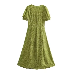 French style floral puff sleeve midi dress in green with slit and ruched chest design