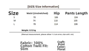 Detailed size guide table for cotton poplin printed pants with waist and length specs