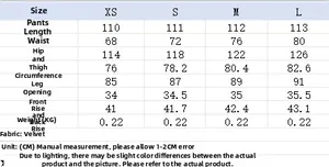 Detailed size chart for wide-leg pants showing waist, hip, and length in centimeters