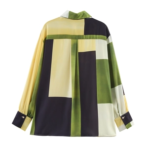 Women's satin long sleeve blouse featuring geometric color block pattern in a loose fit