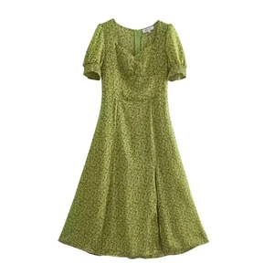 French Style Green Floral Midi Dress For Women V-Neck Puff Sleeve Side Slit A-Line Summer Vacation Party Dress