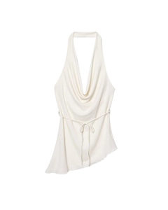 Detailed view of white cowl neck halter top with waist tie and asymmetrical hemline