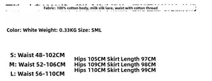 Size chart for white sleeveless top and skirt set showing waist and hip dimensions