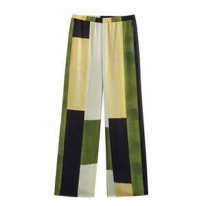 Summer silk satin wide-leg pants with vibrant geometric color block patchwork design
