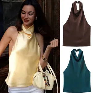 Top Halter Elegante in Raso da Donna Collo ad Anello Senza Maniche Schiena Scoperta Canotta Estiva per Festa Matrimonio