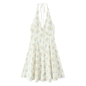 Detail of floral poplin dress showing halter neck design and front button closure
