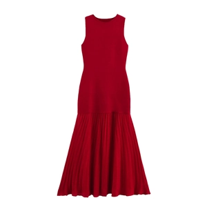 Robe Longue Élégante Femme Rouge en Tricot Patchwork Plissée Sexy Sans Manches Col Rond Taille Haute Coupe Ajustée Fête Soirée