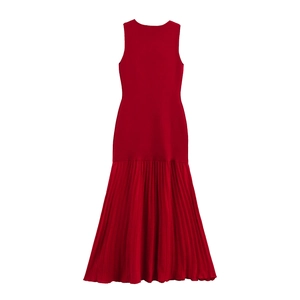 Robe longue rouge sans manches en maille avec ourlet sirène plissé pour femmes