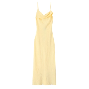Damen Elegant Gelb Satin Maxikleid Sexy Rückenfrei Wasserfall Ausschnitt Cami Kleid Ärmellos Hohe Taille A-Linie Abendkleid