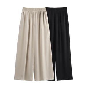 Women's wide leg trousers with elastic waist in beige and black, flowy casual pants