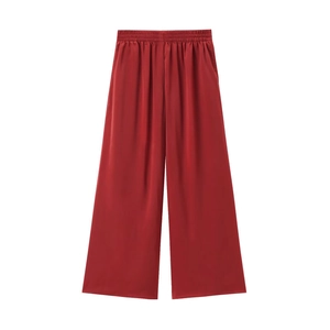 Women high-waisted wide leg pants in wine red with elastic waist and drape fabric