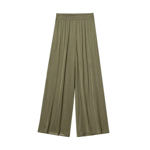 Women's olive green wide leg trousers with elastic high waist and pleated texture fabric