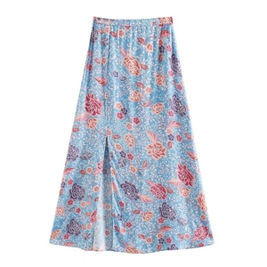 Women Bohemian Floral Print High Waist Side Split Midi Skirt Vintage Blue Rose Print A-Line Casual Long Skirt For Vacation