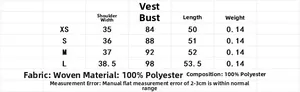 Size guide for embroidered linen blend vest showing measurements in centimeters and grams