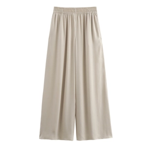 Women high-waisted wide-leg pants in elegant light beige silk satin finish