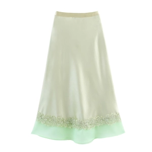 Women Elegant Satin Midi Skirt With Lace Hem Patchwork Chic Solid Color A-Line High Waist Fashion Bottoms Daily Party