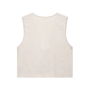 Detailed back view of a beige linen blend vest featuring clean seams and natural texture