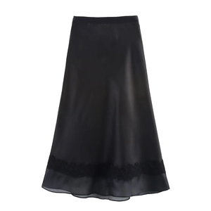Elegant black satin midi skirt with lace trim and layered organza hemline for women
