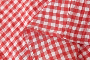 Close-up detail of red and white gingham fabric with high-quality stitching and texture