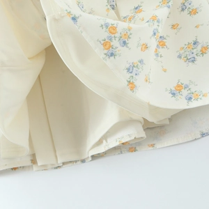 Detail view of floral print poplin dress hem with inner lining and smooth stitching