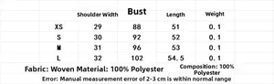 Detailed size chart for feather print top showing chest and length measurements in cm