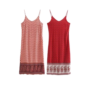 Women Bohemian Floral Rayon Slip Dress V Neck Adjustable Spaghetti Strap Summer Midi Beach Dress Vintage Style
