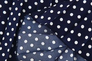 Detail of navy blue polka dot pleated fabric with high-density chiffon texture