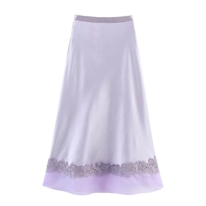 Elegant lavender satin A-line maxi skirt with lace embroidery and organza trim