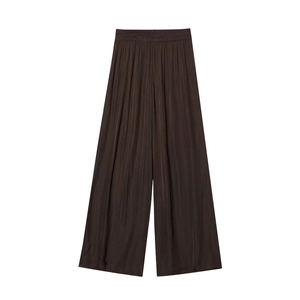 Women's high waist wide leg trousers in dark brown with elasticated waist and textured fabric