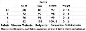 Detailed size chart for geometric print trousers showing waist, hip, and length measurements