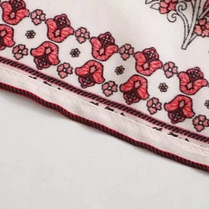 Bohemian floral print white cotton dress with intricate red flower patterns for women