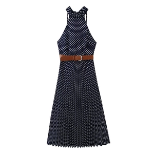 Women's Vintage Polka Dot Halter Midi Dress With Belt High Waist Pleated Sleeveless Backless Vacation Dress Elegant Outfit