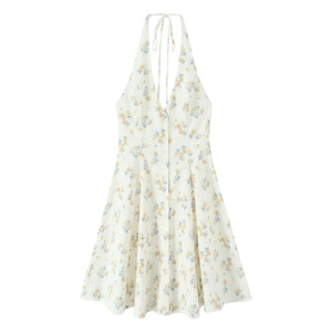Women Halter Neck Floral Print Mini Dress Summer V Neck Sleeveless Sexy A Line Beach Vacation Short Dress