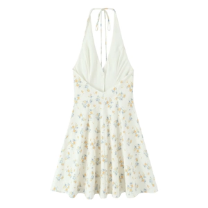 Floral print halter neck poplin dress with deep V-neck and A-line silhouette in white