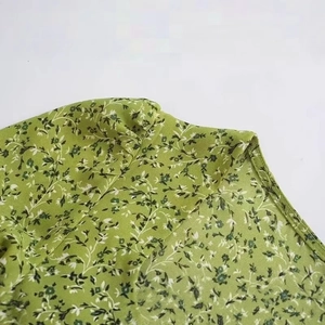 French style green floral chiffon split dress with ruched bust and shoulder details