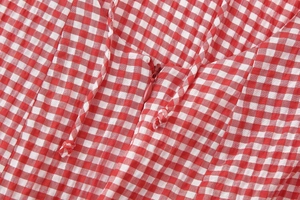Detailed macro view of the red gingham dress featuring a hidden zipper and adjustable straps