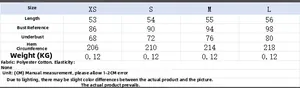 Size chart for women's poplin top with measurements for XS to L sizes and fabric details