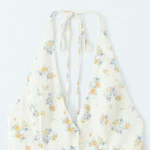 Floral halter neck poplin dress with blue and yellow flower patterns and V-neckline