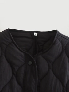 Detail of black quilted cotton jacket featuring gourd pattern and snap button closure
