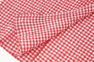 Close-up of red and white gingham fabric showing seersucker texture and stitching