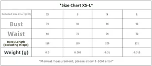 Detailed size chart for satin dress showing bust, waist, and length measurements from XS to L