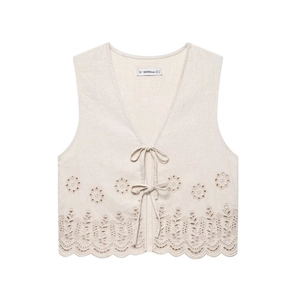Women's Vintage Hollow Floral Embroidery Linen Blend Vest Tie Front V Neck Sleeveless Short Waistcoat French Style Top