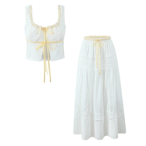 Women Bohemian White Cotton Tank Top And Tiered Midi Skirt Vintage Floral Lace Ribbon Bow Pastoral French Style Outfits